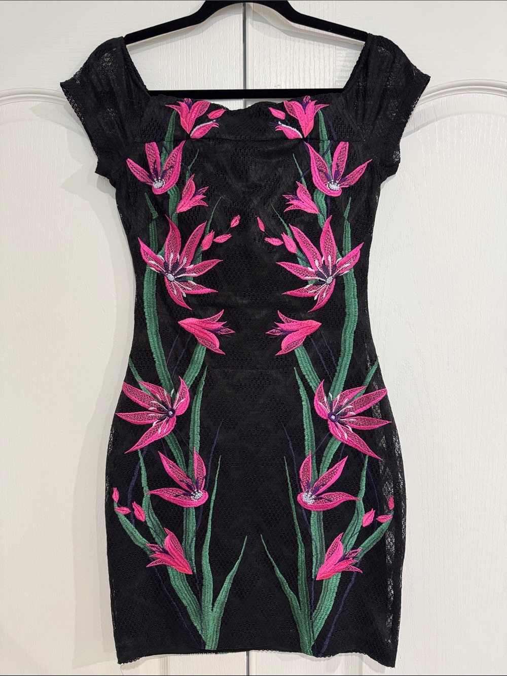 GUESS Black Dress with Pink Floral Embroidery